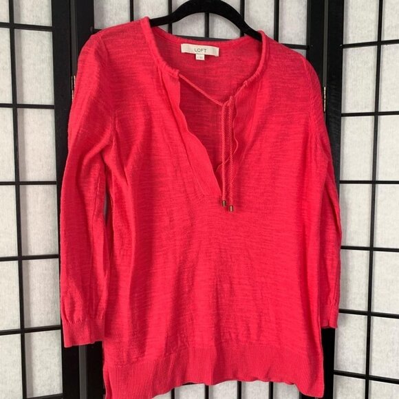 Ann Taylor LOFT Knitted Tie V-Neck Quarter Sleeve 3/4 Blouse Top Pink Small - Picture 3 of 9